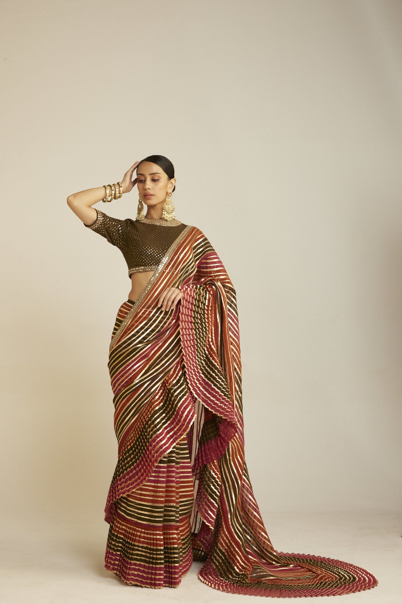 Vani Vats Pre Draped Olive Green Multicolor Saree Set Indian designer wear online shopping melange singapore