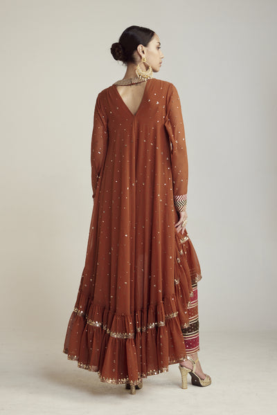 Vani Vats Rust Asymmetrical Kurta Pant Set Indian designer wear online shopping melange singapore 