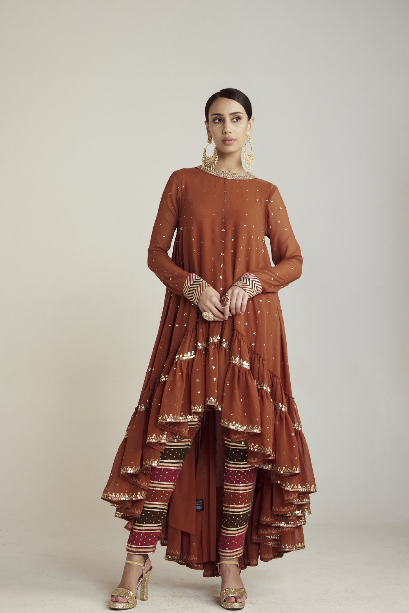 Vani Vats Rust Asymmetrical Kurta Pant Set Indian designer wear online shopping melange singapore 