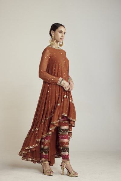 Vani Vats Rust Asymmetrical Kurta Pant Set Indian designer wear online shopping melange singapore