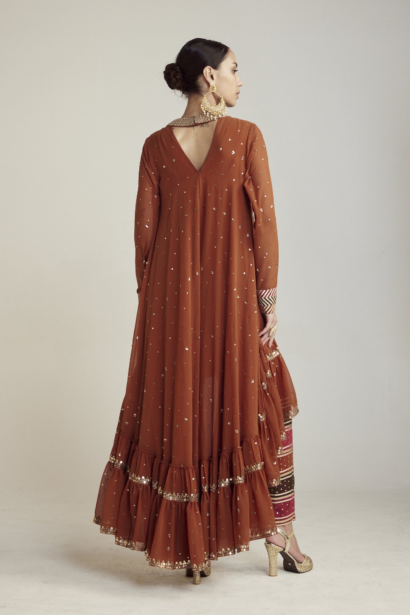 Vani Vats Rust Round Neck Asymmetrical Kurta Pant Set Indian designer wear online shopping melange singapore 
