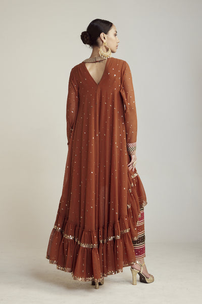 Vani Vats Rust Round Neck Asymmetrical Kurta Pant Set Indian designer wear online shopping melange singapore