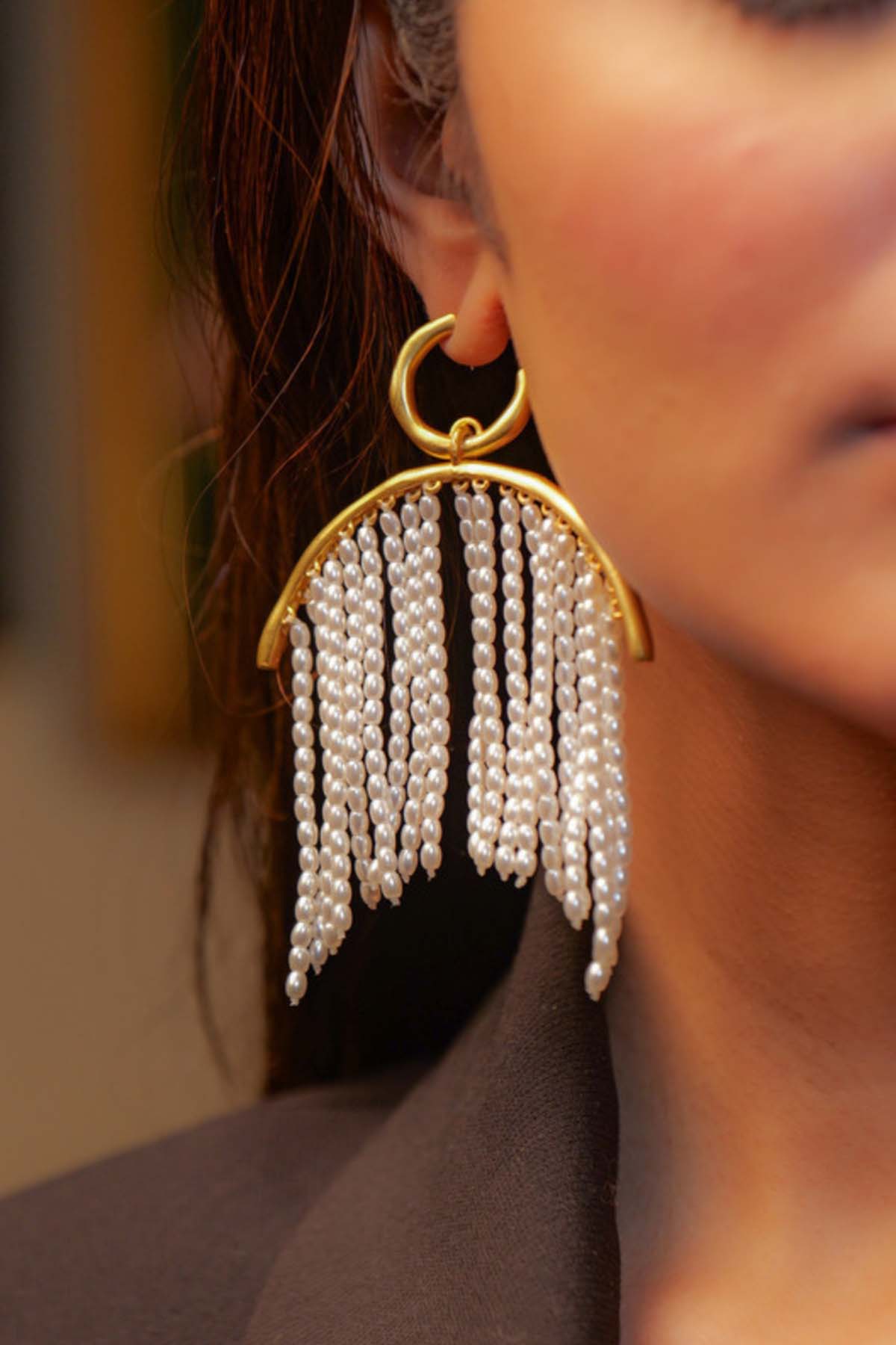 Zariin Pearl Zoned Statement Earrings indian designer wear online shopping melange singapore 