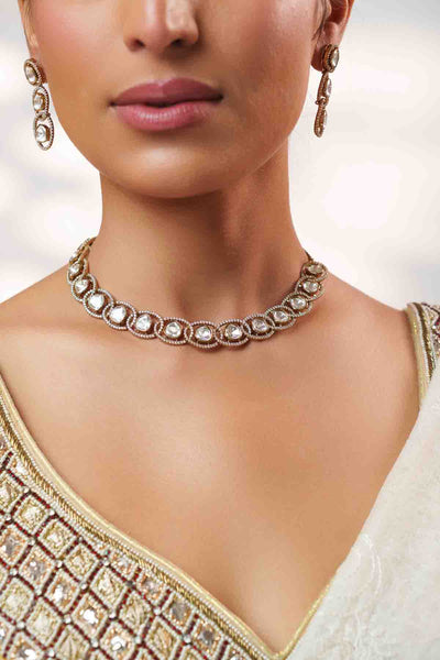 Zevar Antique Gold Two Tone Kundan Polki Stone Necklace Set indian designer wear online shopping melange singapore 