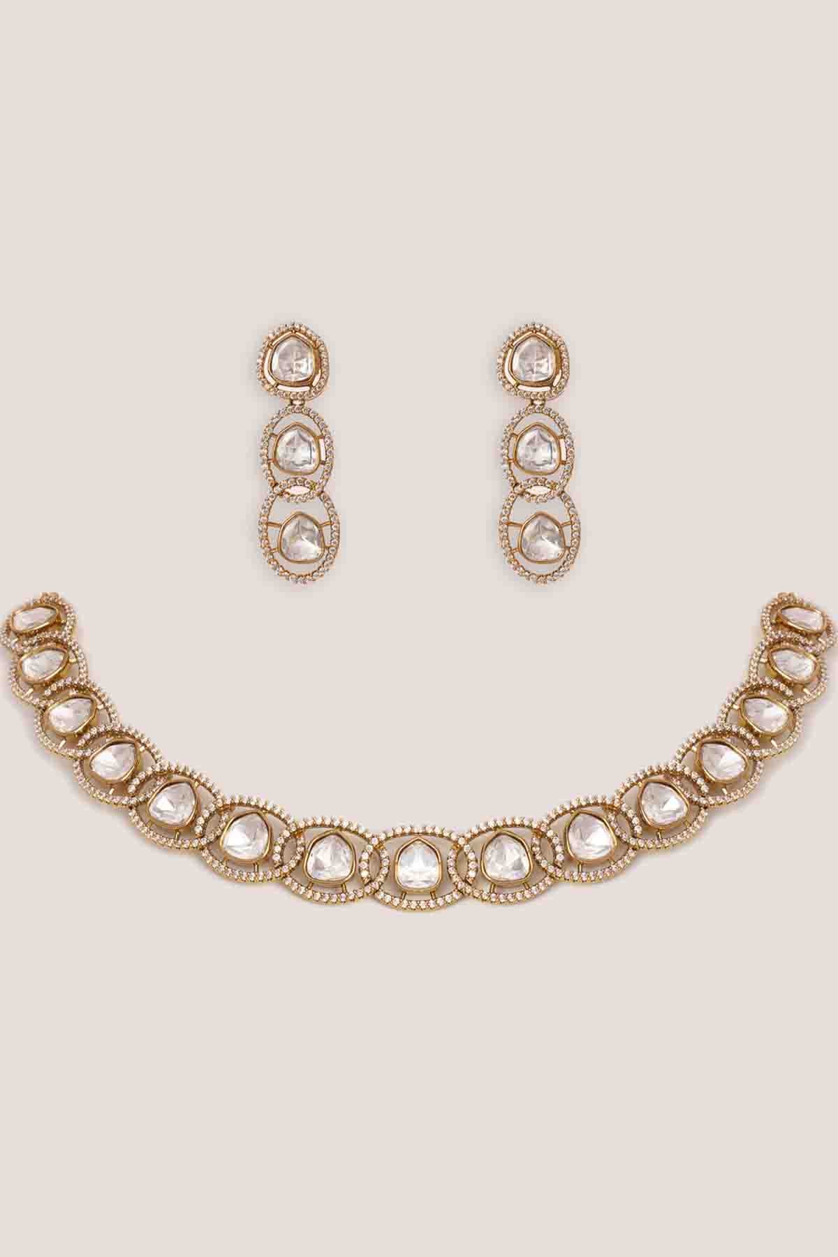 Zevar Antique Gold Two Tone Kundan Polki Stone Necklace Set indian designer wear online shopping melange singapore 