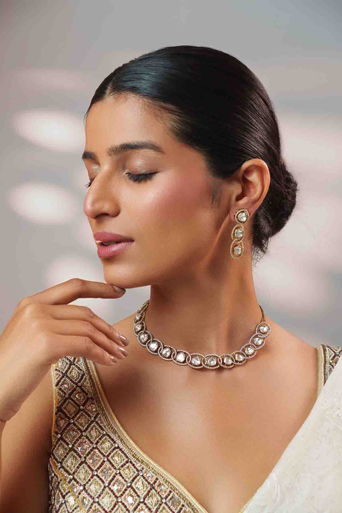 Zevar Antique Gold Two Tone Kundan Polki Stone Necklace Set indian designer wear online shopping melange singapore 