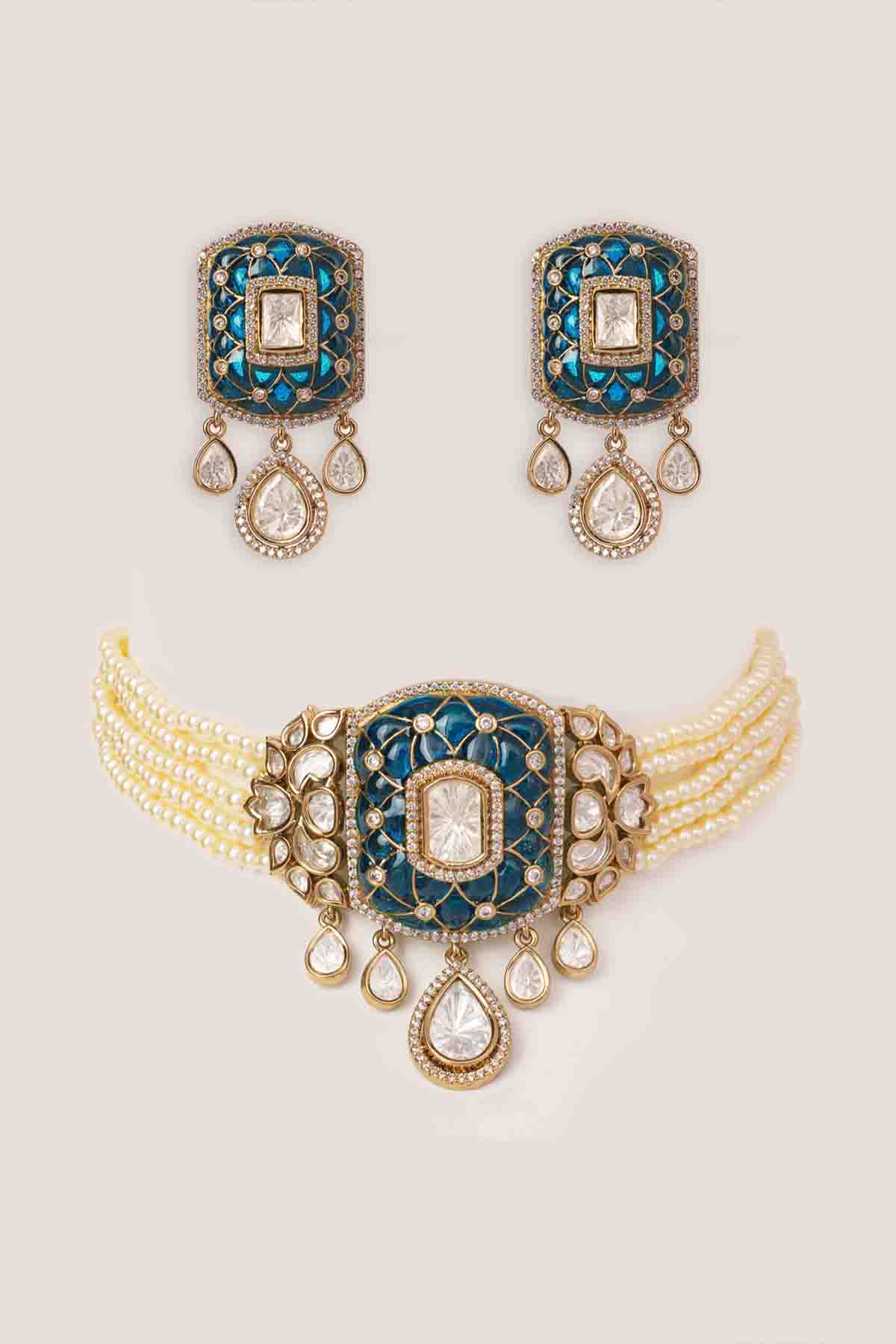 Zevar Blue Polki Choker Set indian designer wear online shopping melange singapore 