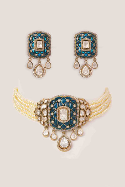 Zevar Blue Polki Choker Set indian designer wear online shopping melange singapore 