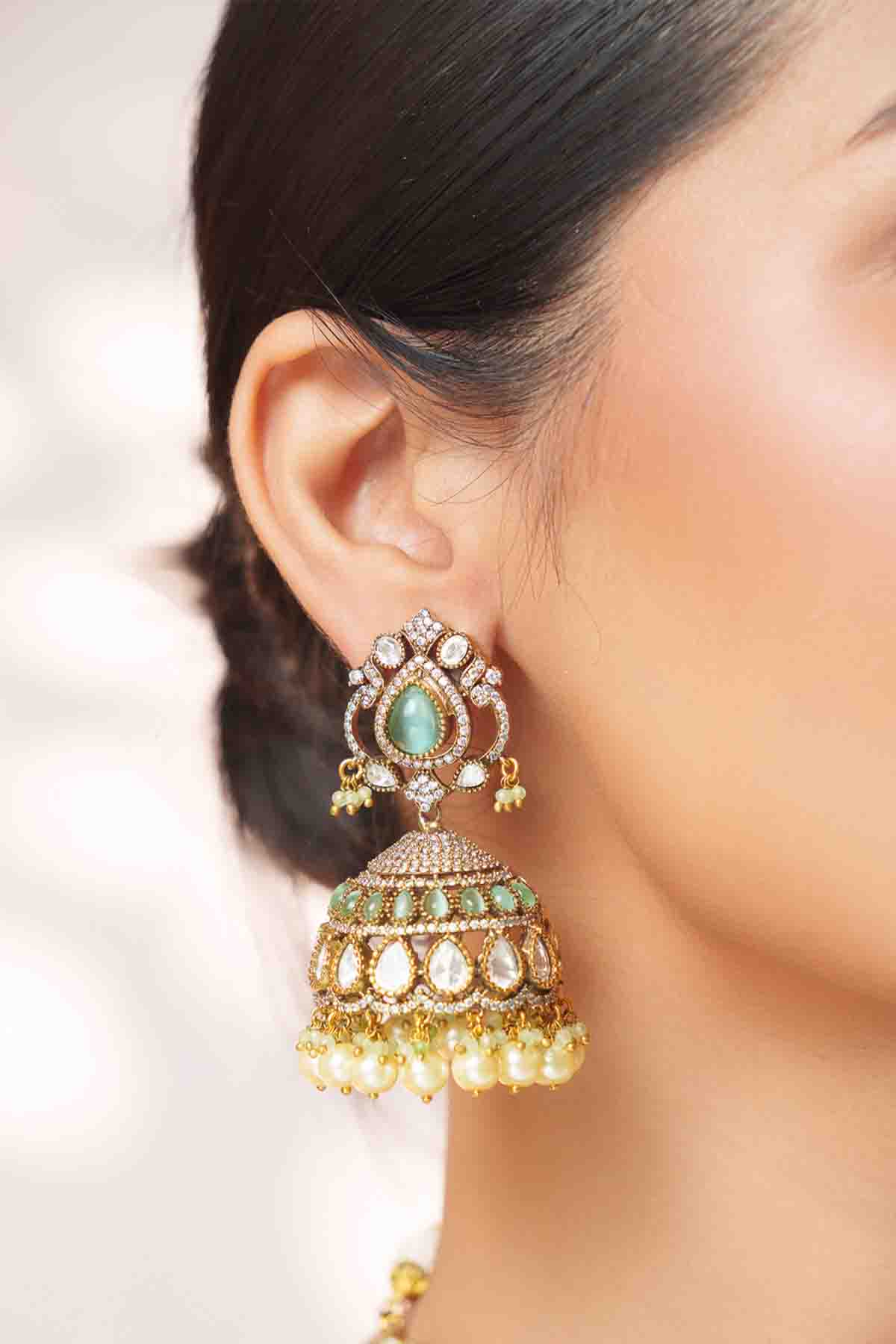 Zevar Bold And Dramatic Green Long Polki Necklace Set indian designer wear online shopping melange singapore 