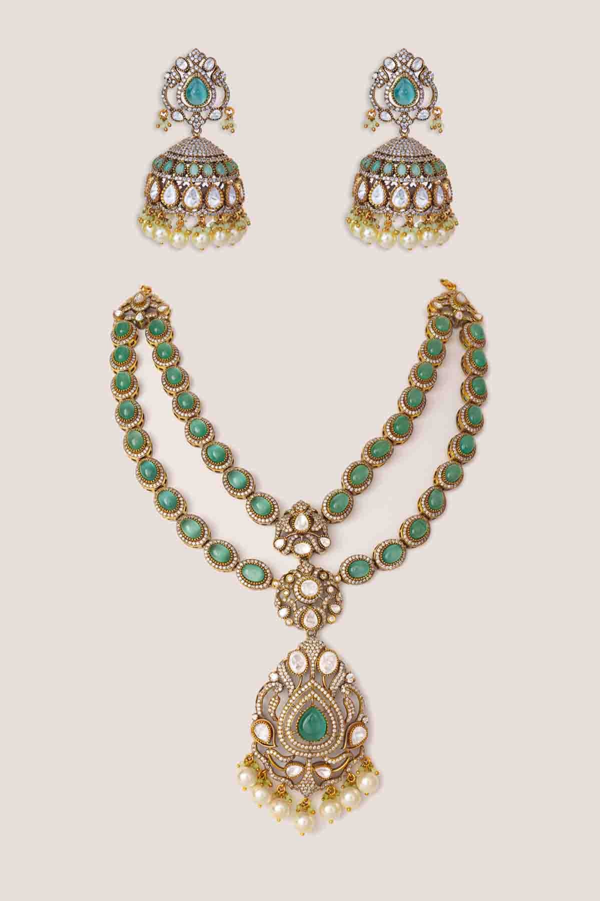 Zevar Bold And Dramatic Green Long Polki Necklace Set indian designer wear online shopping melange singapore 