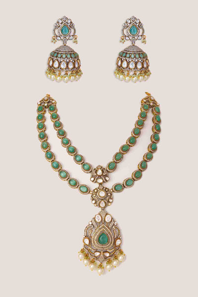 Zevar Bold And Dramatic Green Long Polki Necklace Set indian designer wear online shopping melange singapore 