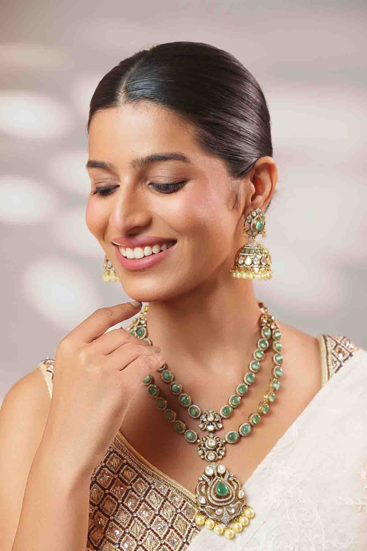 Zevar Bold And Dramatic Green Long Polki Necklace Set indian designer wear online shopping melange singapore 