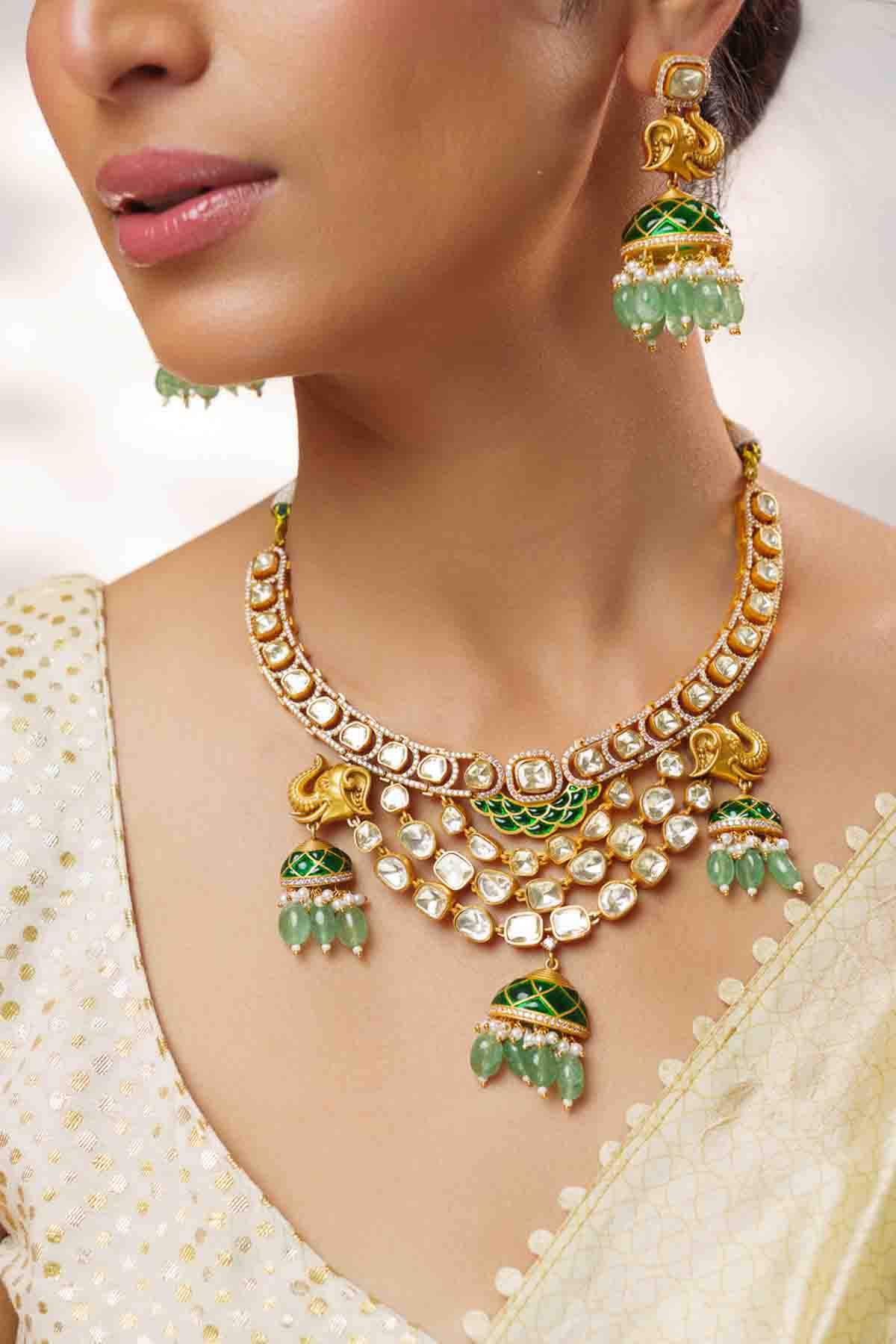 Zevar Bold And Dramatic Moissanite Necklace Set With Jhumkas indian designer wear online shopping melange singapore 