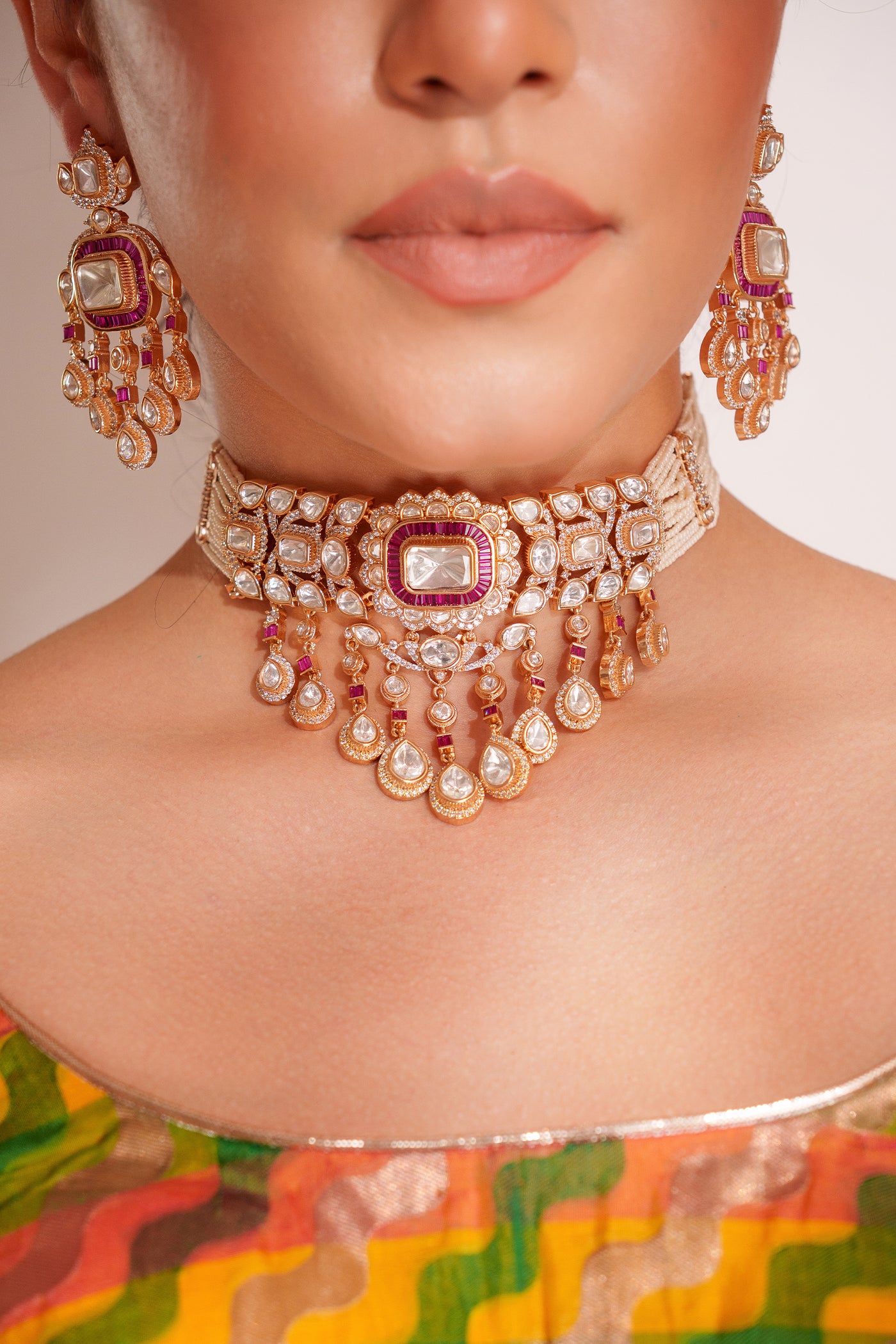 Zevar Bold And Dramatic Two Tone Finish Polki Choker Set indian designer wear online shopping melange singapore
