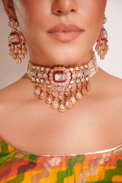 Zevar Bold And Dramatic Two Tone Finish Polki Choker Set indian designer wear online shopping melange singapore
