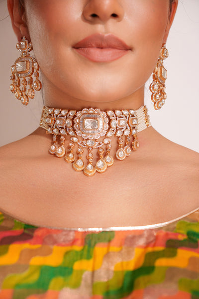 Zevar Bold And Dramatic Two Tone Finish Polki Choker Set Gold indian designer wear online shopping melange singapore