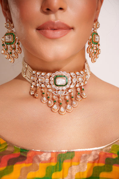 Zevar Bold And Dramatic Two Tone Finish Polki Choker Set Green indian designer wear online shopping melange singapore