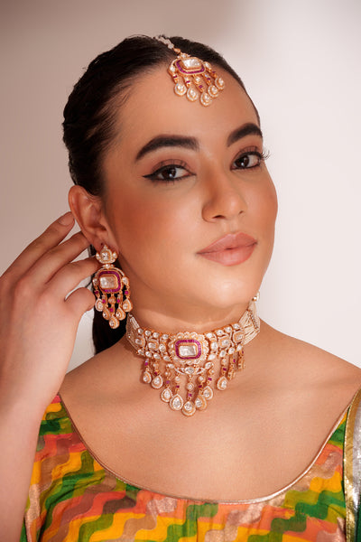 Zevar Bold And Dramatic Two Tone Finish Polki Choker Set indian designer wear online shopping melange singapore
