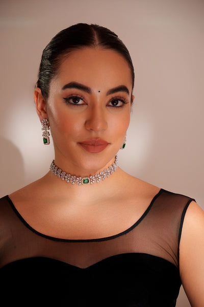 Zevar Choker With Emerald Stone And Earrings Green indian designer wear online shopping melange singapore