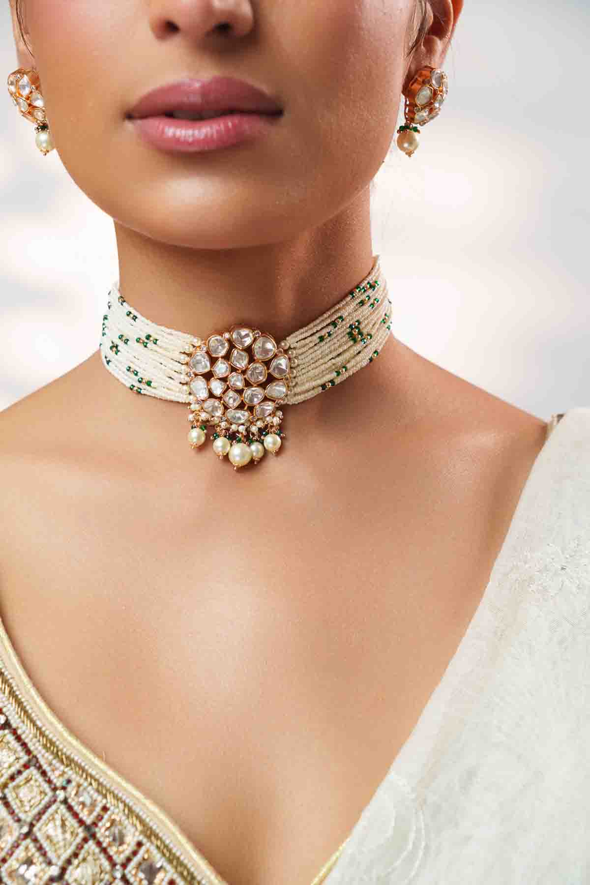 Zevar Classy Kundan Choker Set With Elegant Pair Of Earrings indian designer wear online shopping melange singapore v
