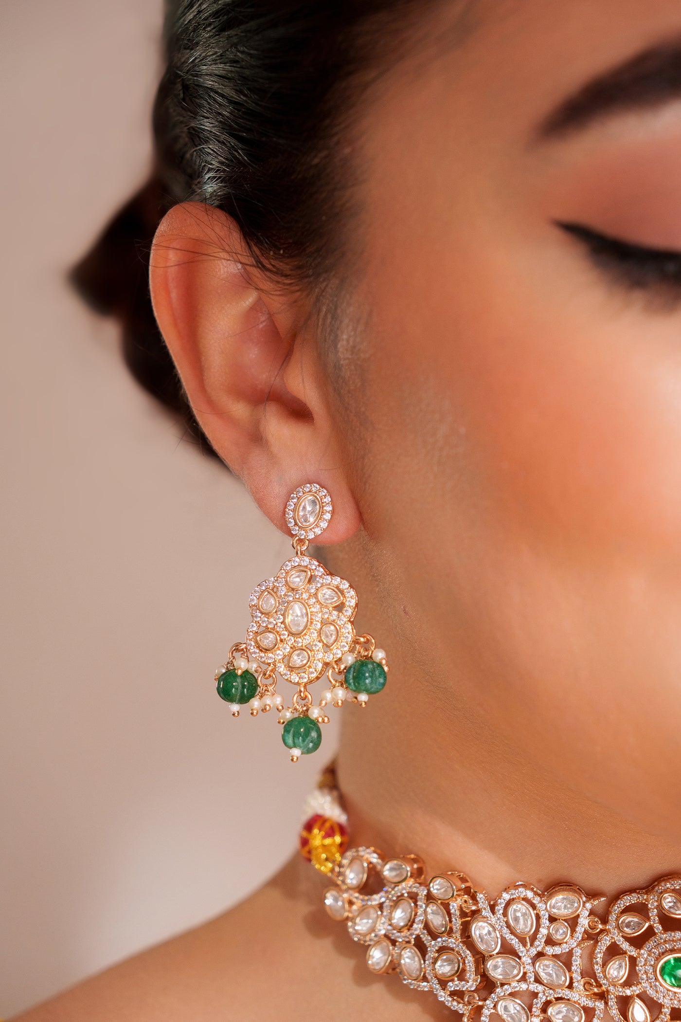 Zevar Classy Kundan Choker Set With Elegant Pair Of Earrings Green indian designer wear online shopping melange singapore