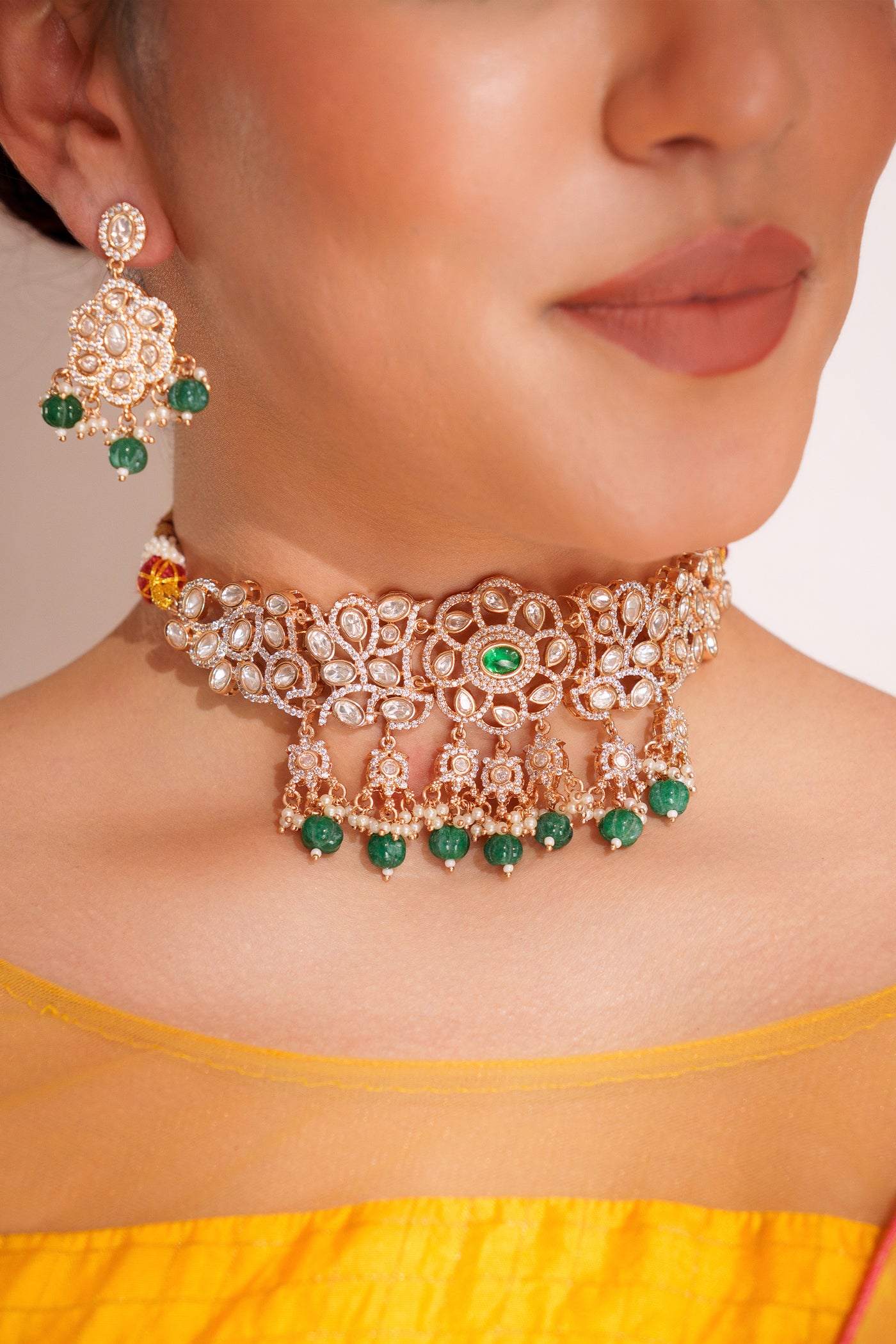 Zevar Classy Kundan Choker Set With Elegant Pair Of Earrings Green indian designer wear online shopping melange singapore