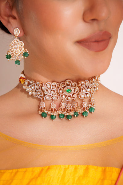 Zevar Classy Kundan Choker Set With Elegant Pair Of Earrings Green indian designer wear online shopping melange singapore