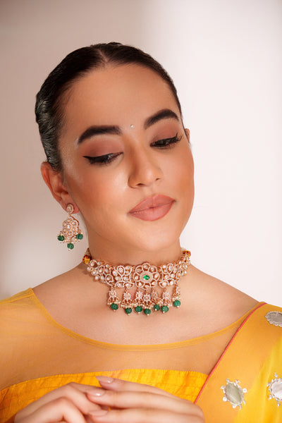 Zevar Classy Kundan Choker Set With Elegant Pair Of Earrings Green indian designer wear online shopping melange singapore