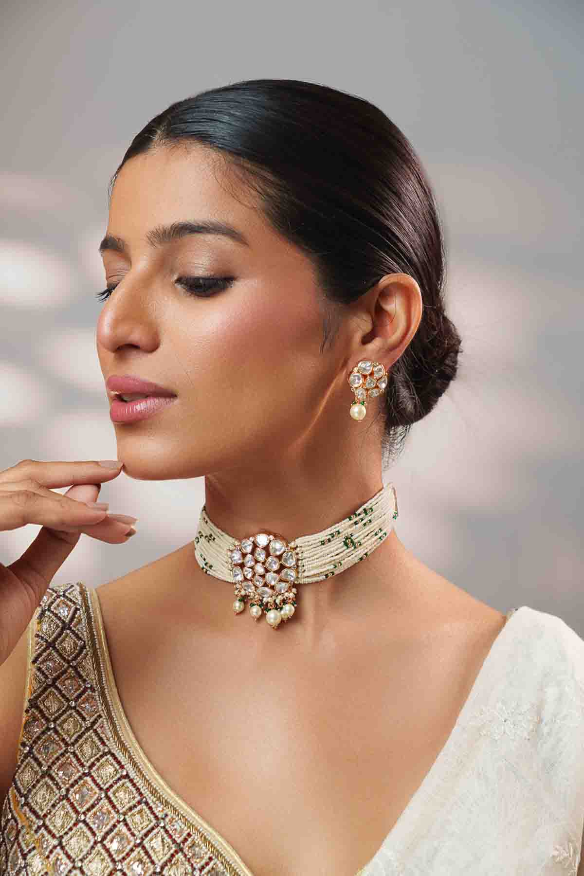 Zevar Classy Kundan Choker Set With Elegant Pair Of Earrings indian designer wear online shopping melange singapore 