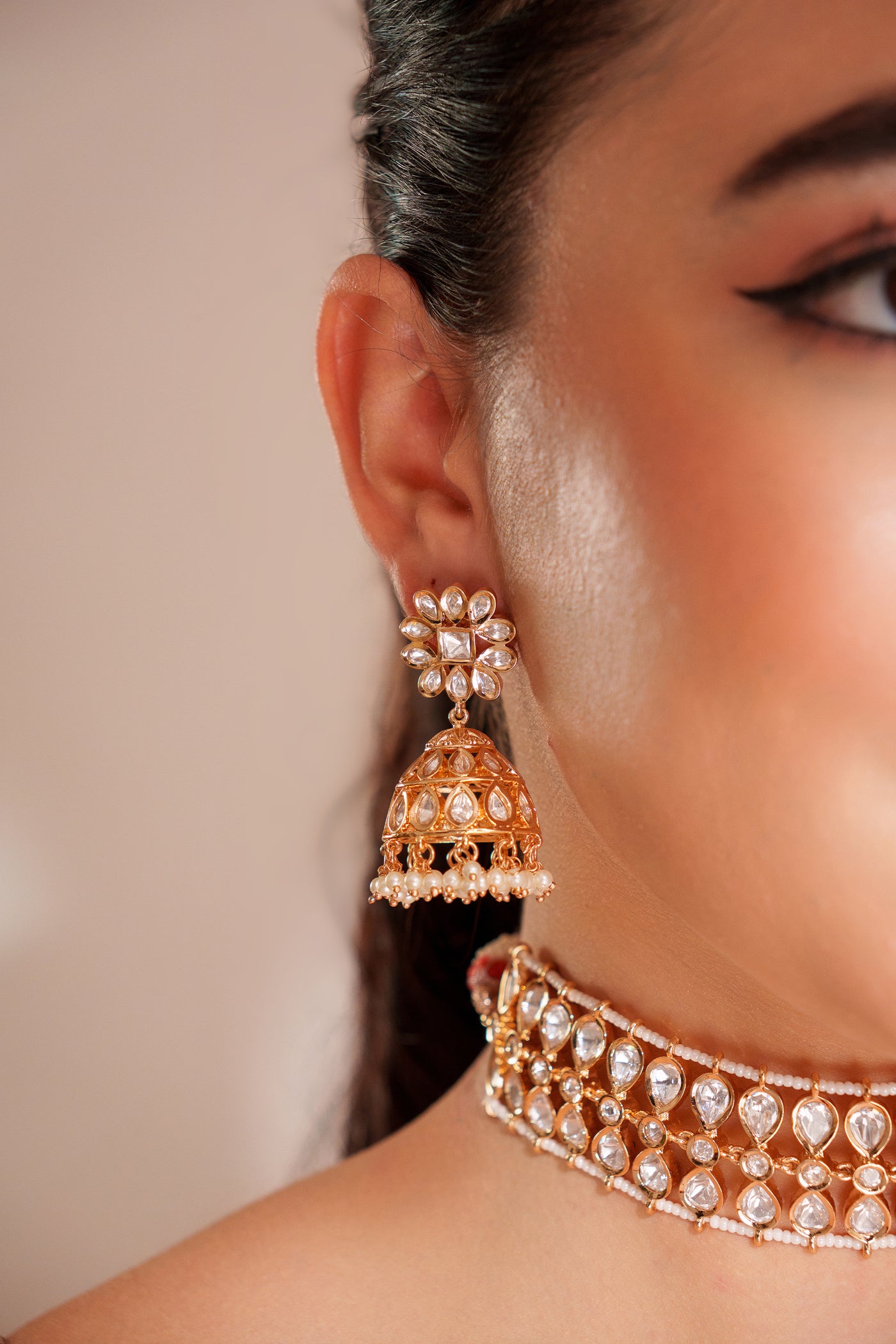 Zevar Classy Kundan Choker Set With Elegant Pair Of Jhumkis indian designer wear online shopping melange singapore