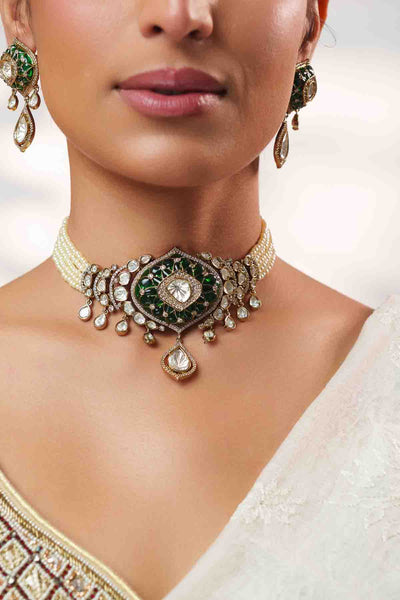 Zevar Classy Two Tone Green Polki Choker Set indian designer wear online shopping melange singapore 
