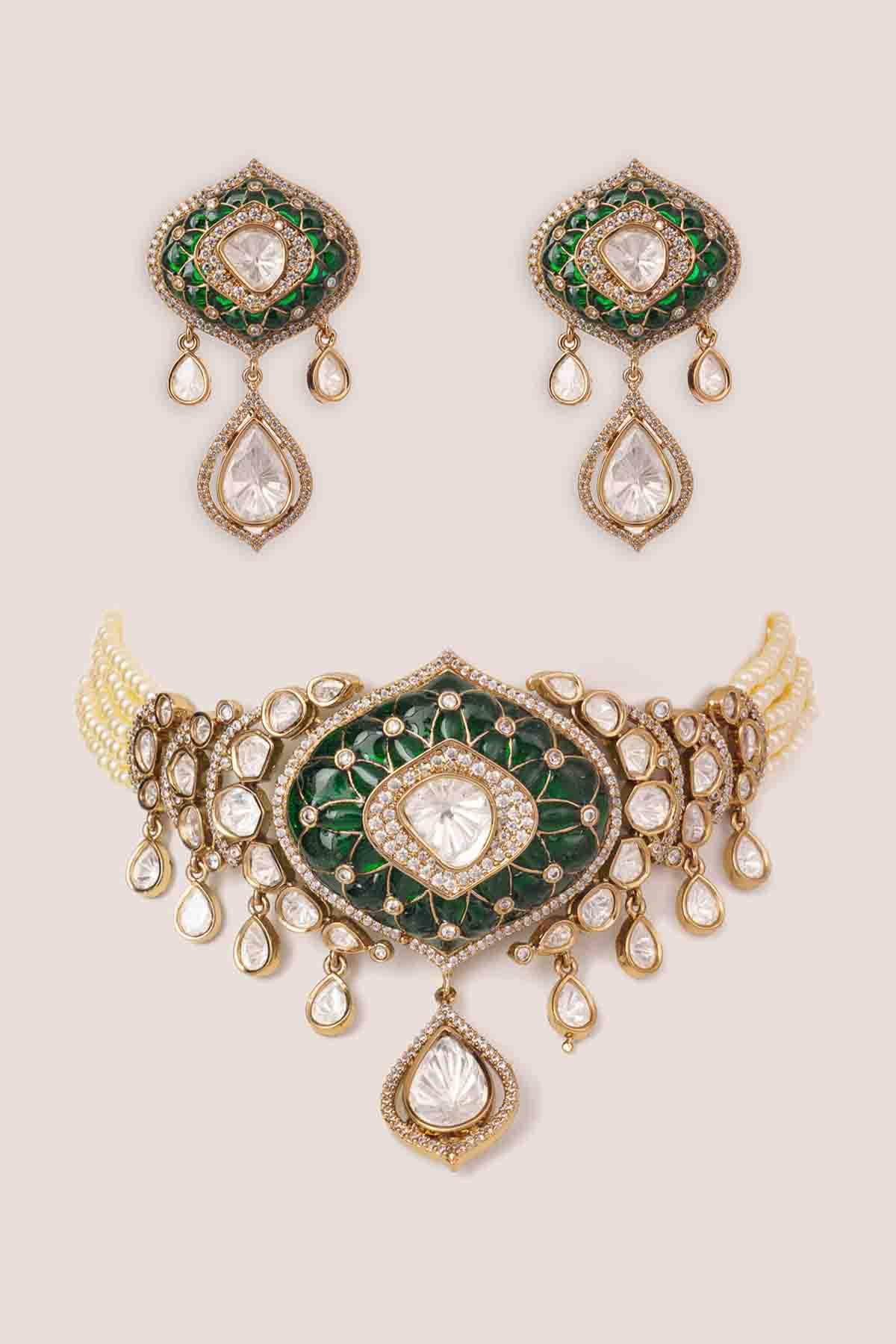 Zevar Classy Two Tone Green Polki Choker Set indian designer wear online shopping melange singapore 