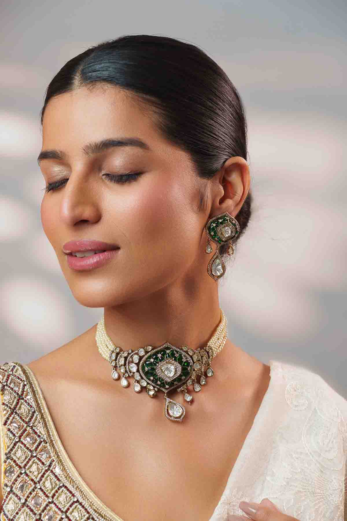 Zevar Classy Two Tone Green Polki Choker Set indian designer wear online shopping melange singapore 