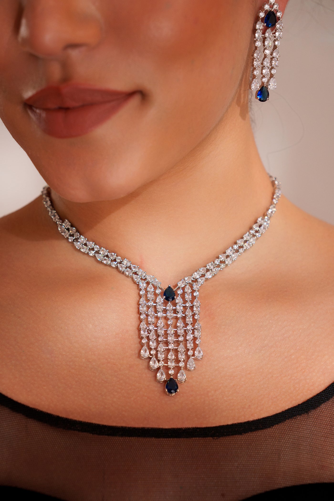Zevar Diamond Pendant Set With Sapphire Stone And Earrings indian designer wear online shopping melange singapore