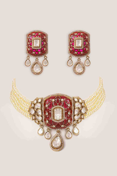 Zevar Dramatic And Classy Two Tone Polki Pink Choker Set indian designer wear online shopping melange singapore 