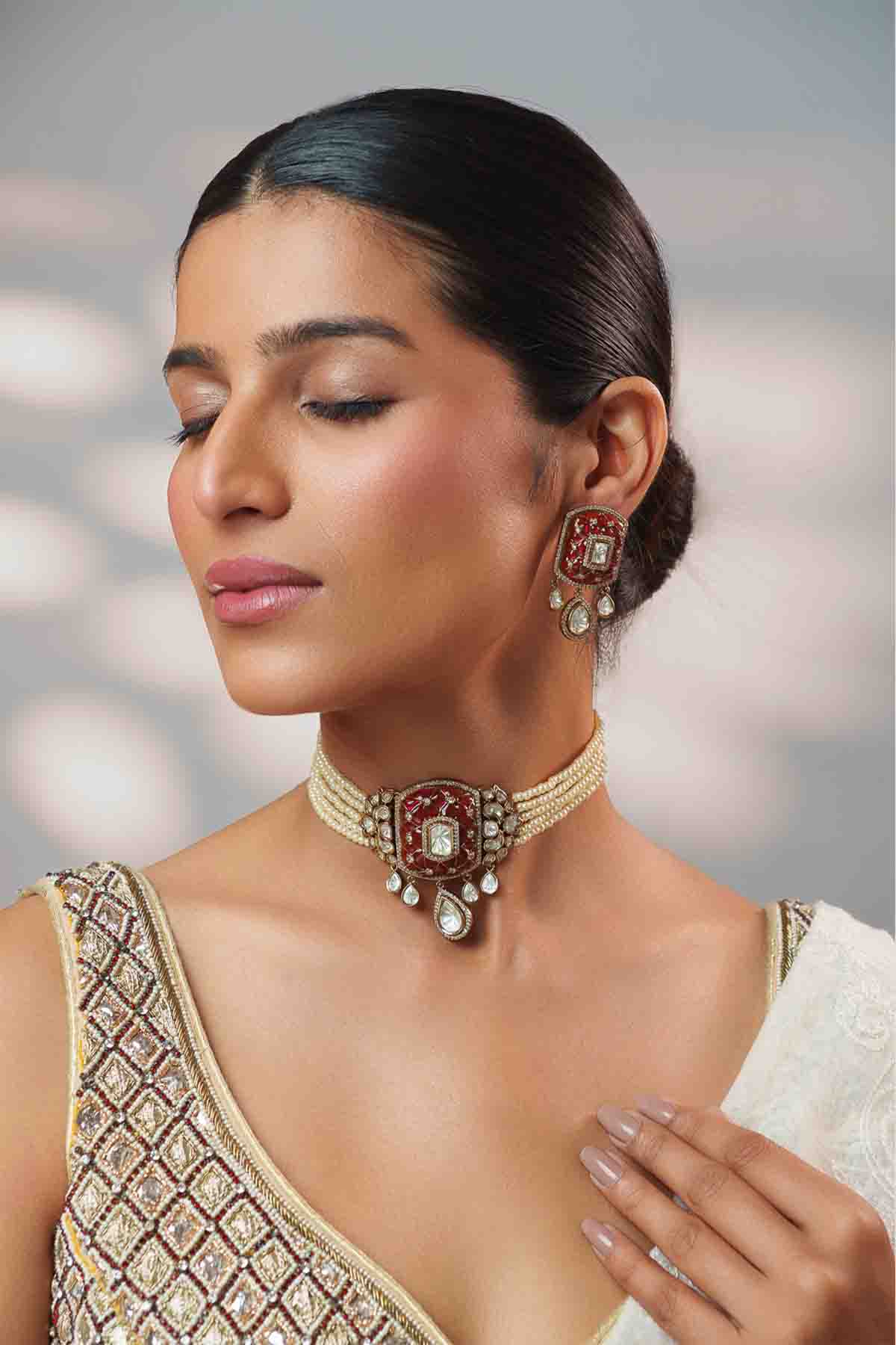Zevar Dramatic And Classy Two Tone Polki Pink Choker Set indian designer wear online shopping melange singapore 