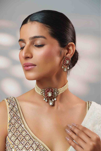 Zevar Dramatic And Classy Two Tone Polki Pink Choker Set indian designer wear online shopping melange singapore 