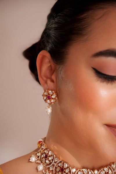 Zevar Dramatic And Stylish Kundan Necklace Set With Matching Earrings Pink indian designer wear online shopping melange singapore