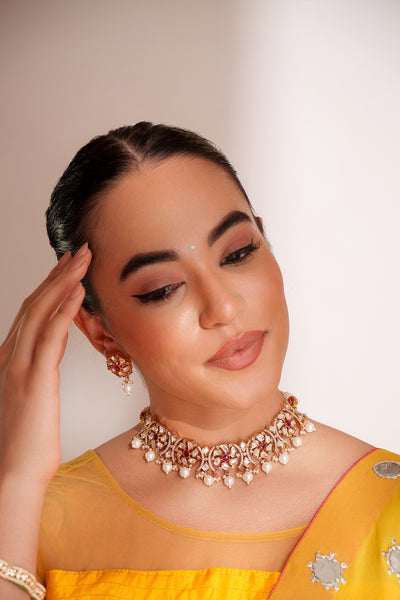 Zevar Dramatic And Stylish Kundan Necklace Set With Matching Earrings Pink indian designer wear online shopping melange singapore