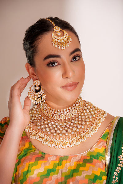 Zevar Dramatic Kundan Necklace With Earrings And Maangtikka indian designer wear online shopping melange singapore