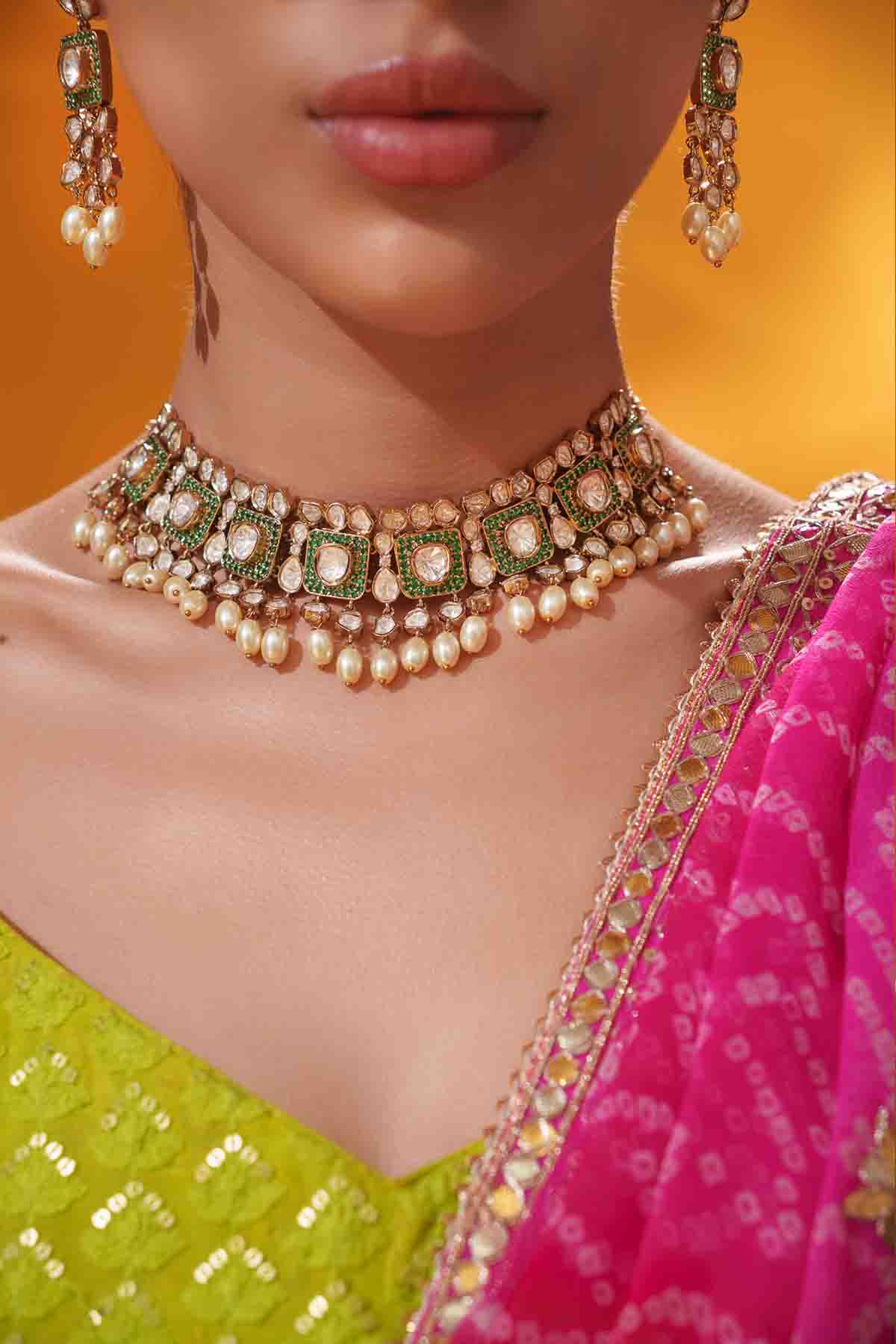 Zevar Dramatic And Classy Green Two Tone Kundan Polki Stone Necklace Set indian designer wear online shopping melange singapore 