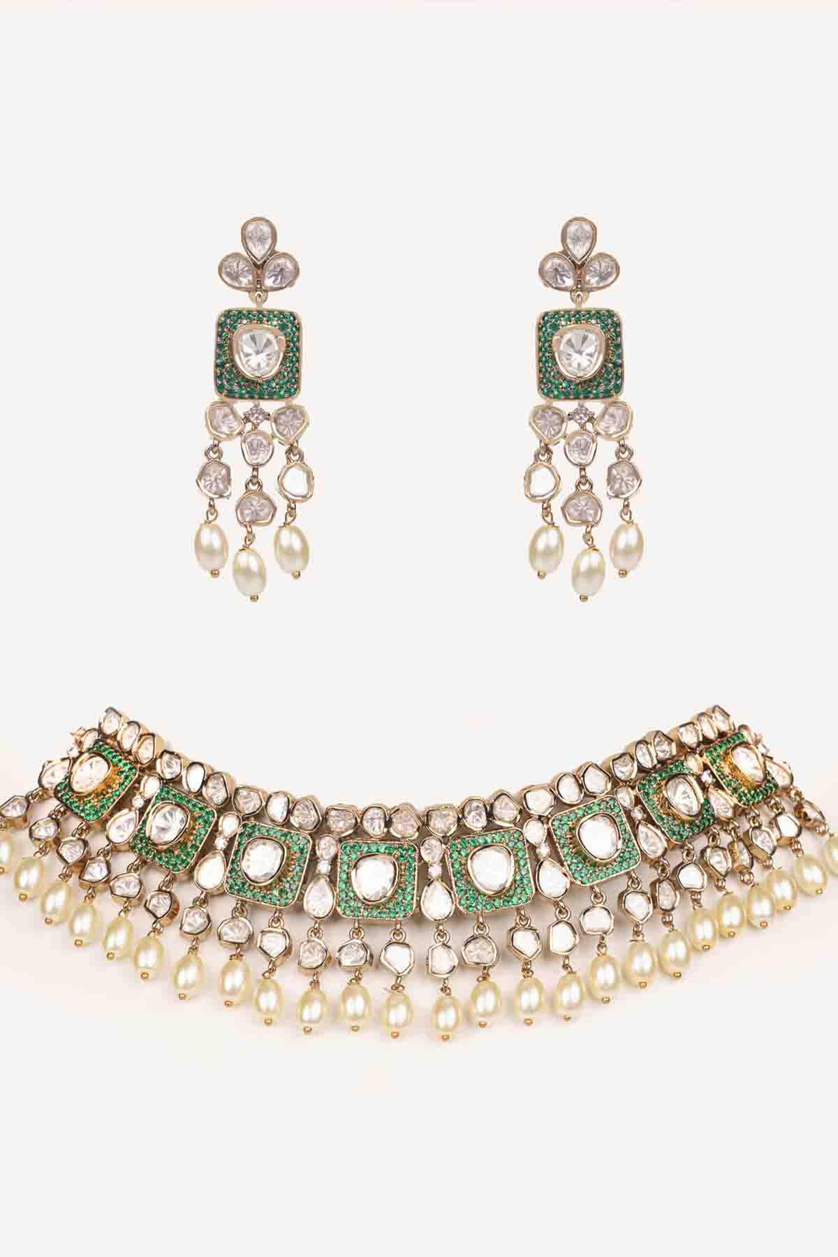 Zevar Dramatic And Classy Green Two Tone Kundan Polki Stone Necklace Set indian designer wear online shopping melange singapore 