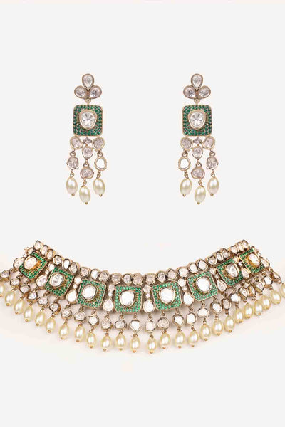Zevar Dramatic And Classy Green Two Tone Kundan Polki Stone Necklace Set indian designer wear online shopping melange singapore 