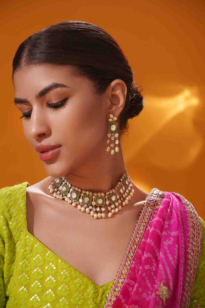 Zevar Dramatic And Classy Green Two Tone Kundan Polki Stone Necklace Set indian designer wear online shopping melange singapore 