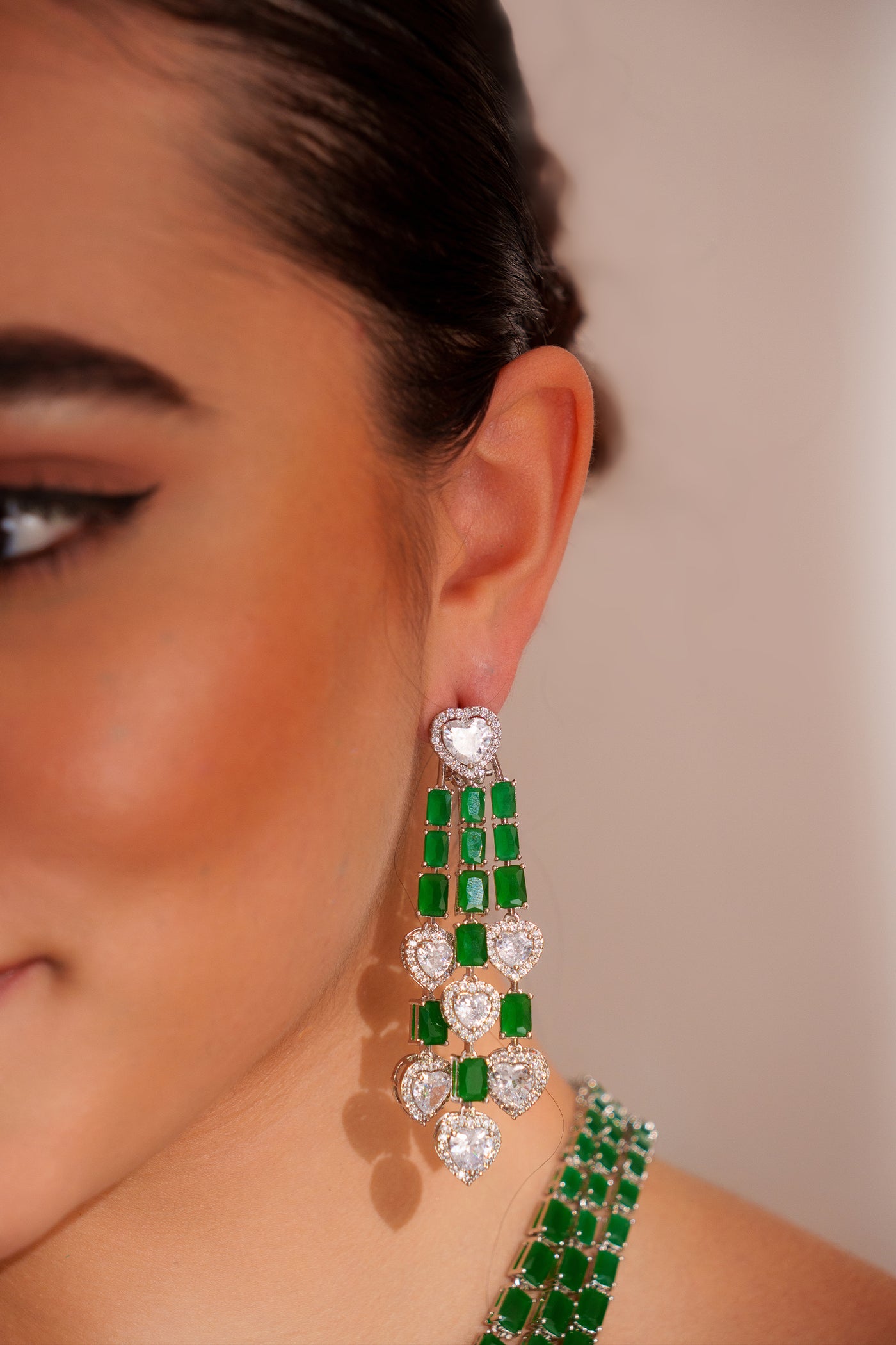 Zevar Elegant And Classy Emerald 3-line Diamond Necklace Set indian designer wear online shopping melange singapore
