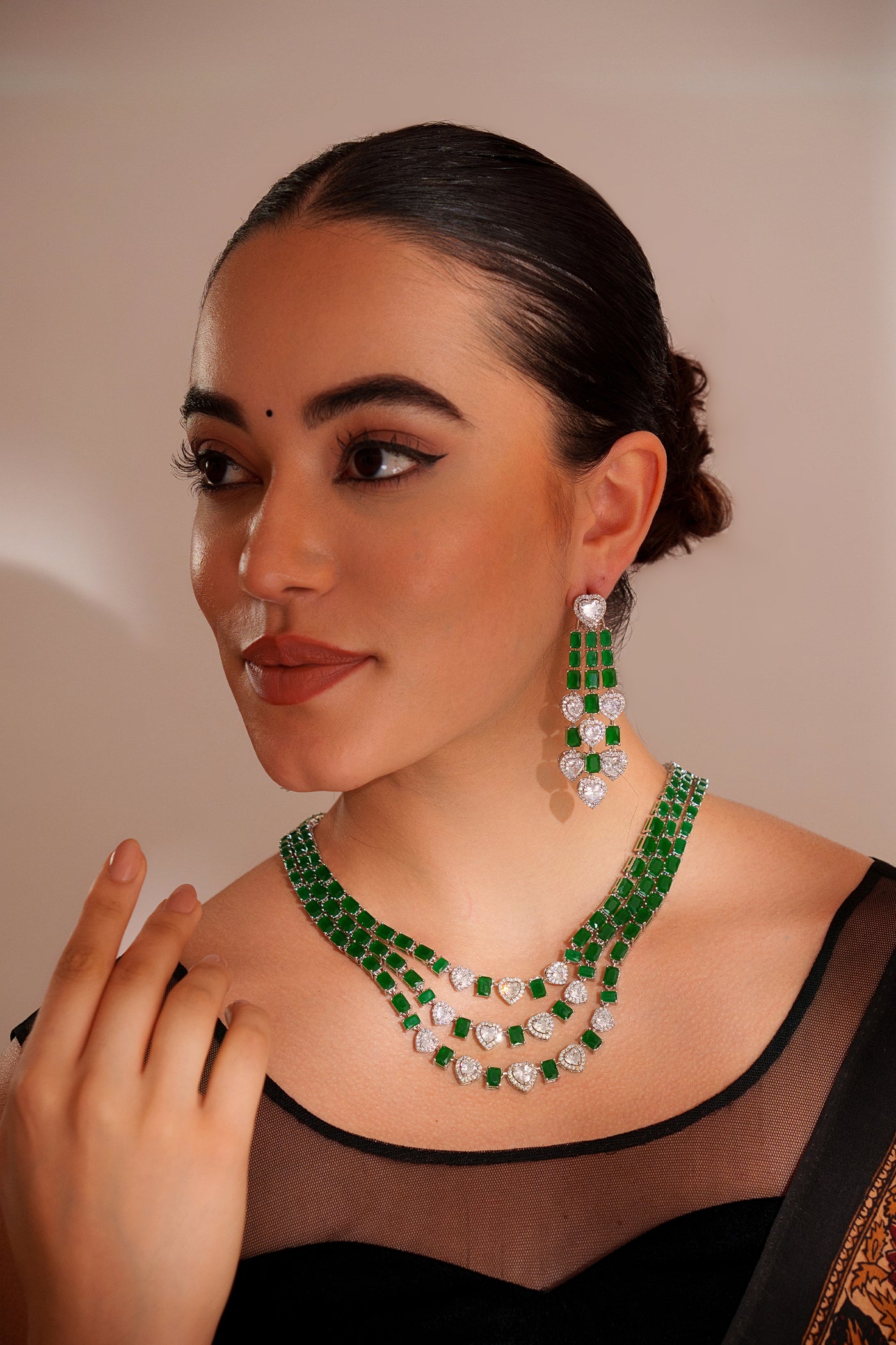 Zevar Elegant And Classy Emerald 3-line Diamond Necklace Set indian designer wear online shopping melange singapore