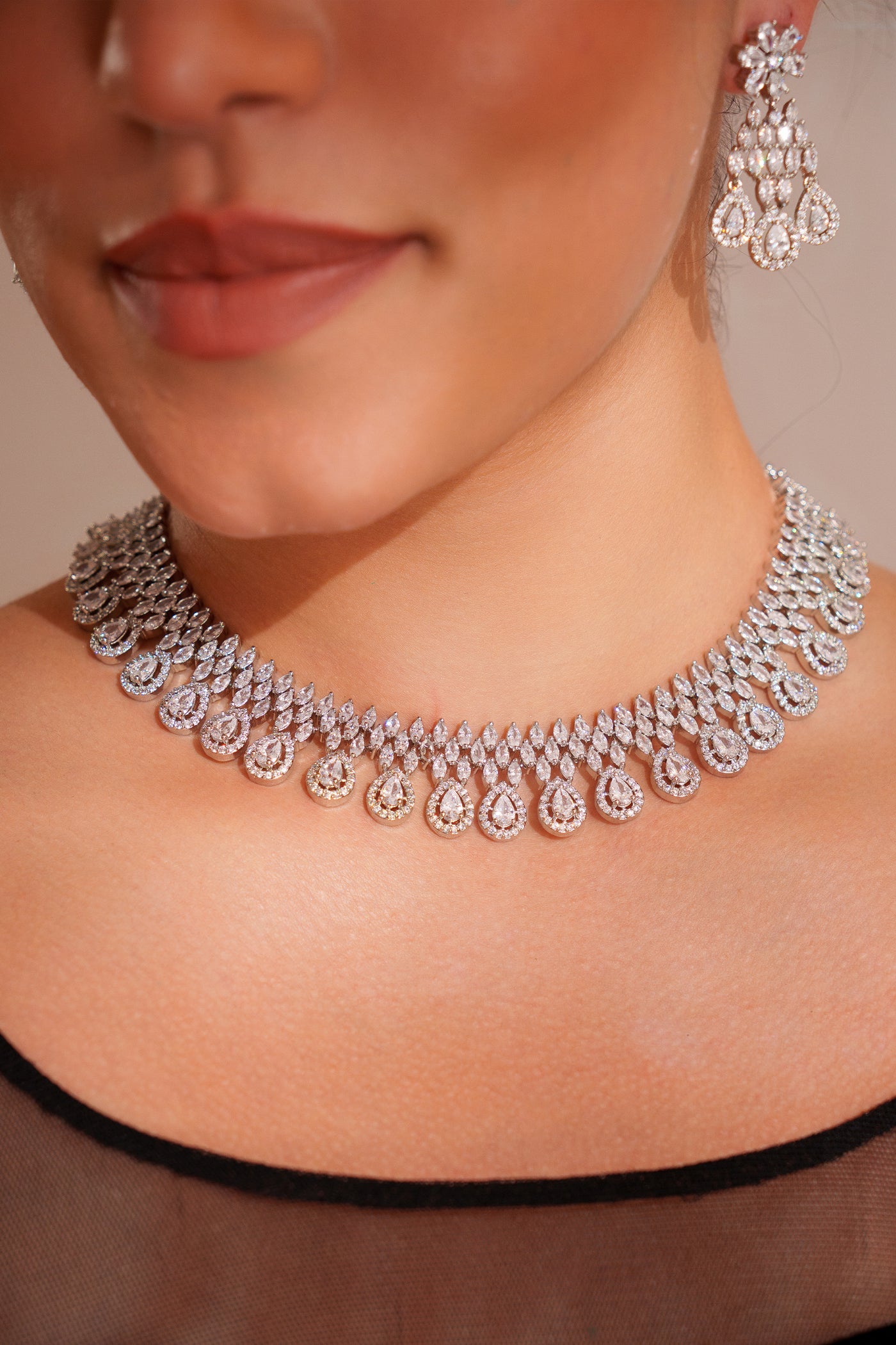 Zevar Elegant And Stylish Diamond Necklace Set With Matching Earrings indian designer wear online shopping melange singapore