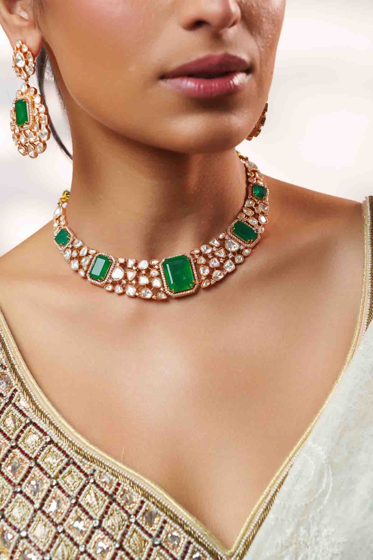 Zevar Elegant And Stylish Gold Finish Green Kundan Polki Necklace Set indian designer wear online shopping melange singapore 