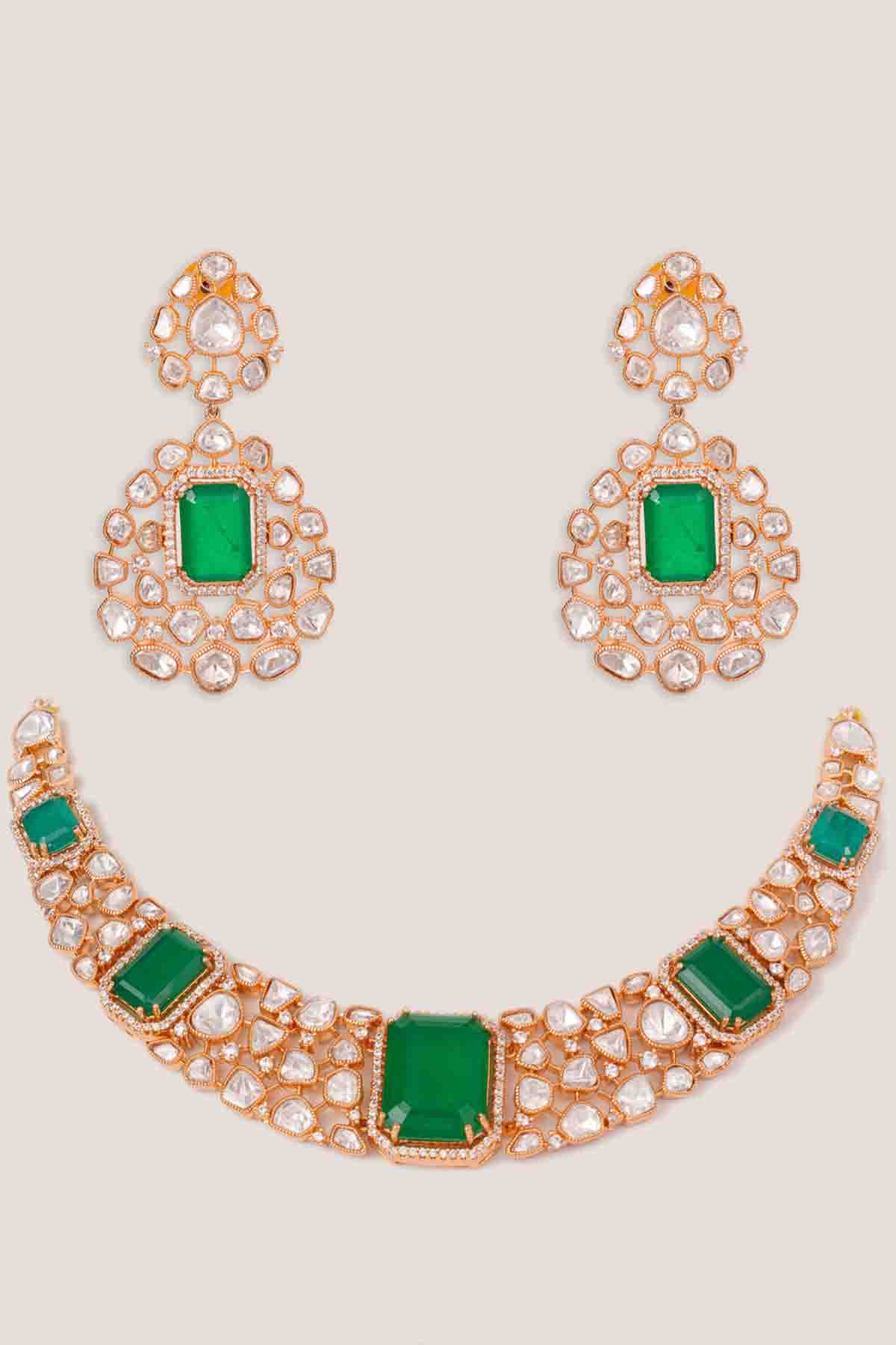 Zevar Elegant And Stylish Gold Finish Green Kundan Polki Necklace Set indian designer wear online shopping melange singapore 