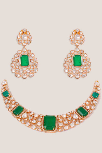 Zevar Elegant And Stylish Gold Finish Green Kundan Polki Necklace Set indian designer wear online shopping melange singapore 